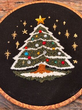 Hand-Embroidered 8” Green Christmas Tree Holiday Wall Hoop